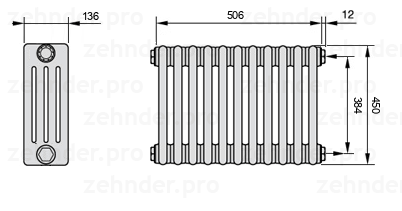 Схема (чертеж) Радиатор Zehnder Charleston 4045/11 №7610 Белый глянцевый RAL 9016